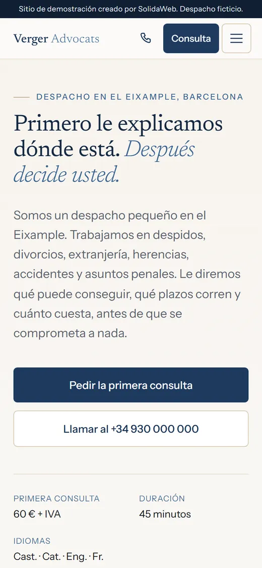 Captura en móvil de la web de demostración Verger Advocats