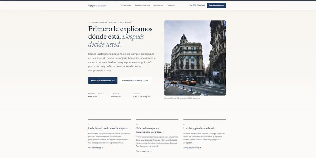 Captura de la web de demostración Verger Advocats: portada de un despacho de abogados en Barcelona