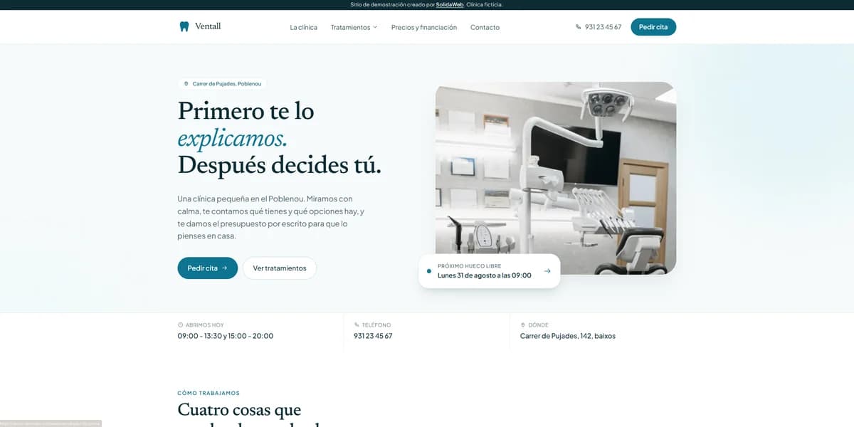 Captura de la web de demostración Clínica Dental Ventall: portada de una clínica dental con cita previa online