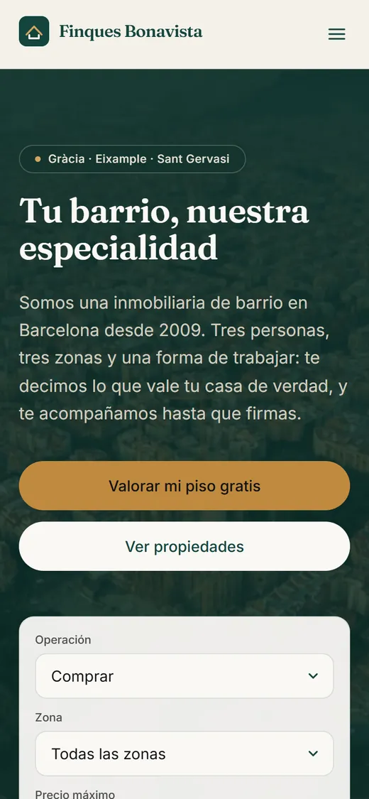 Captura en móvil de la web de demostración Finques Bonavista