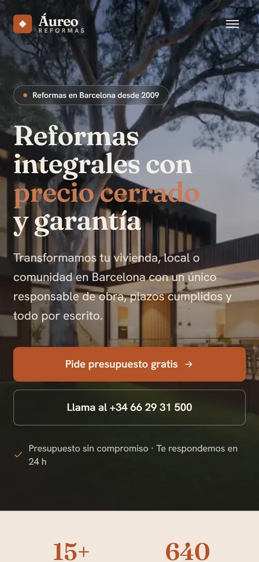 Captura en móvil de la web de demostración Áureo Reformas