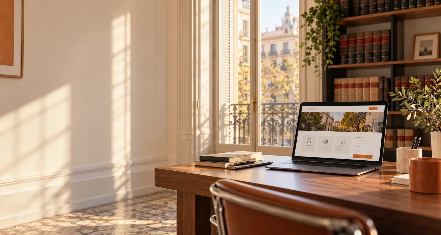 Despacho de abogados en el Eixample de Barcelona: escritorio junto a un balcón modernista con un portátil que muestra la web del despacho