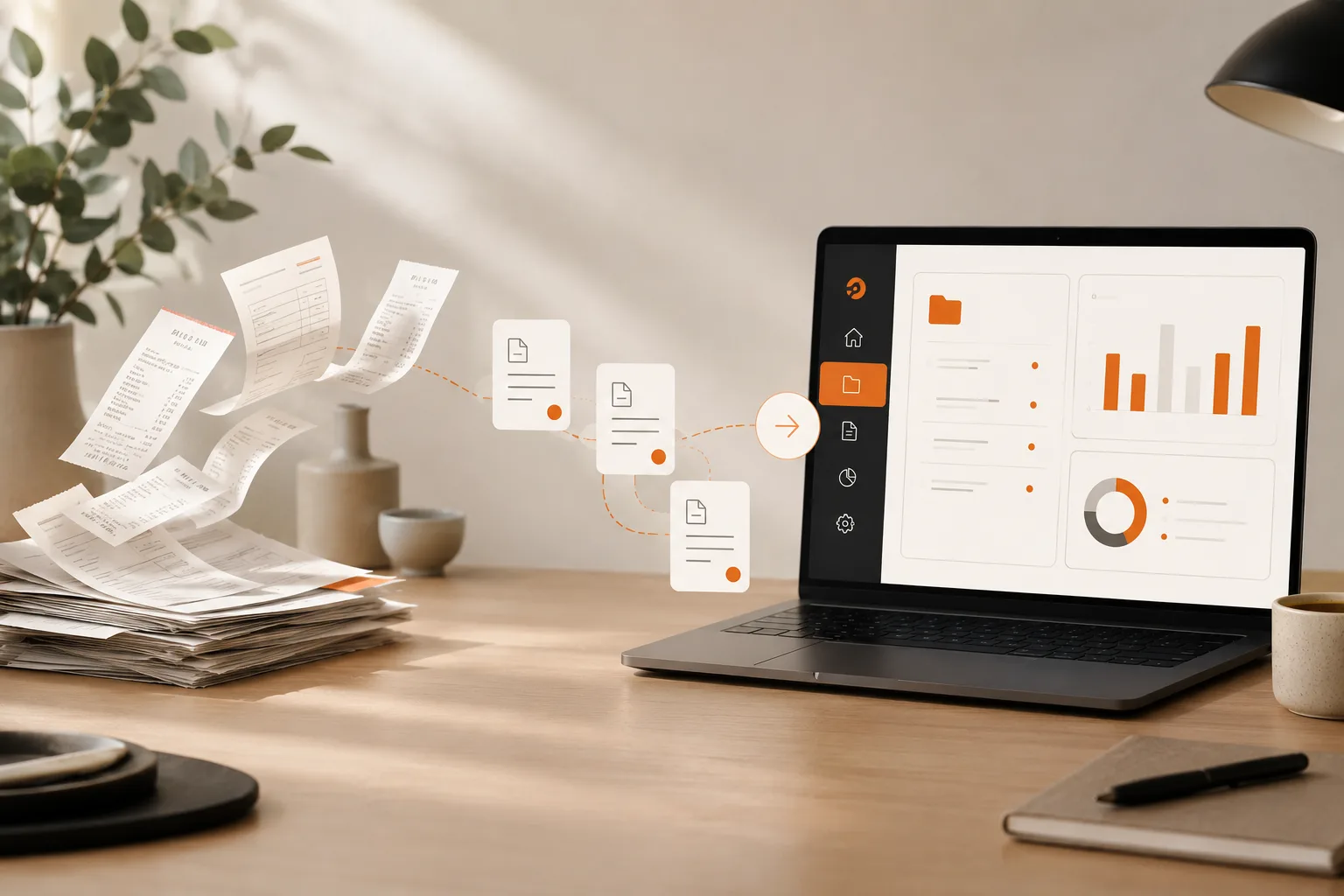 Documentos de clientes transformándose en archivos digitales ordenados dentro de un panel de gestión con IA