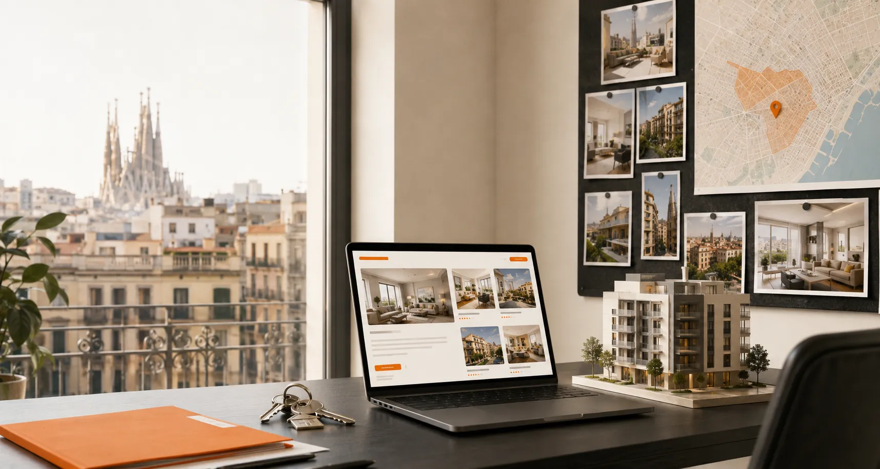 Escritorio de una agencia inmobiliaria en Barcelona con una web de inmuebles con marca propia en el portátil y un mapa de zona con chinchetas