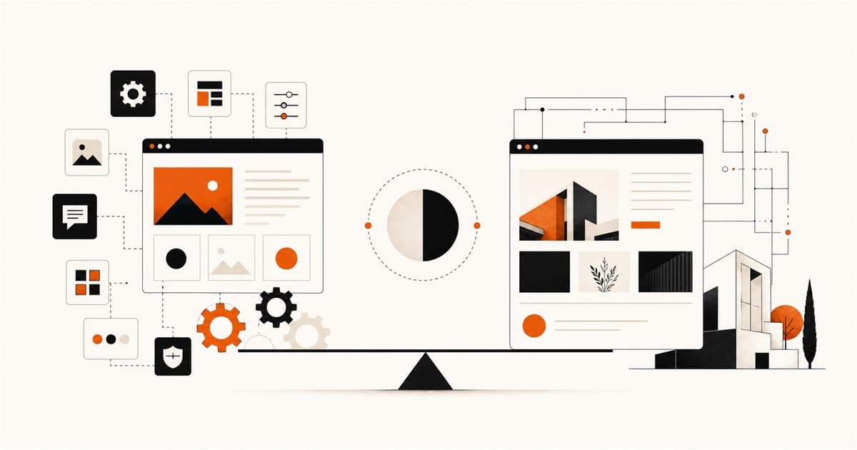 Ilustración editorial sin texto que compara una web modular basada en WordPress con una web a medida para pymes y autónomos en España