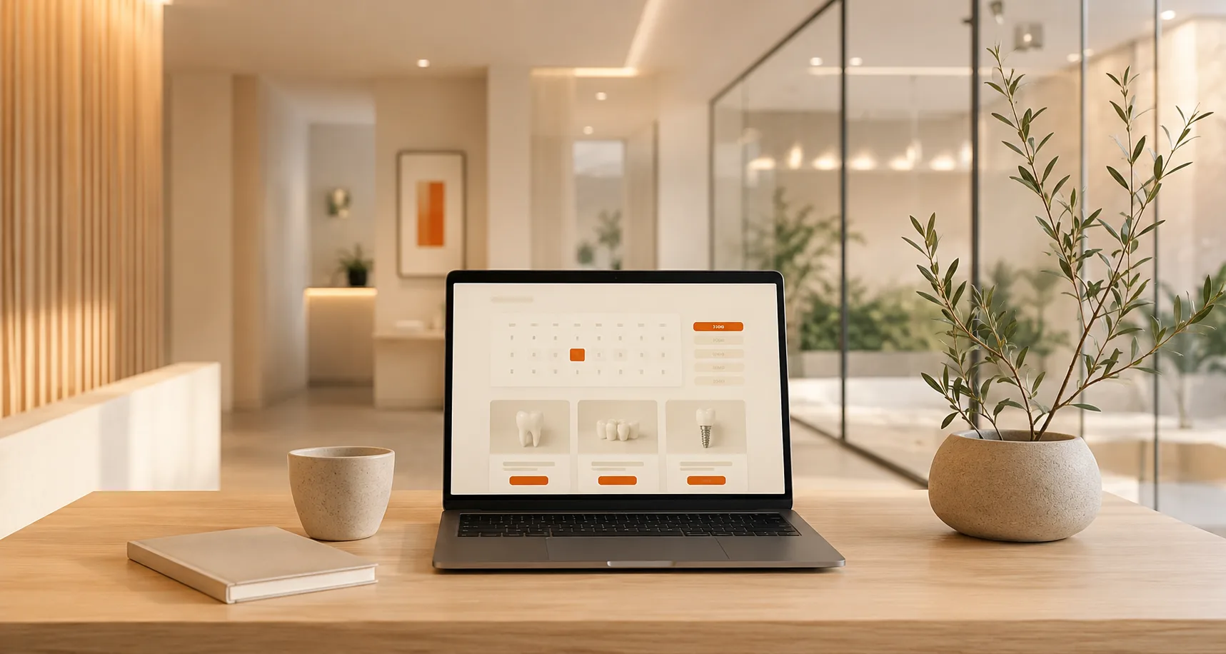 Recepción de una clínica dental con un portátil que muestra su web: cita previa online y una página por tratamiento