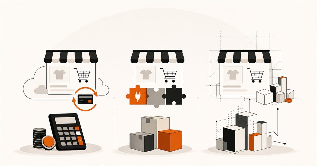 Text-free editorial illustration about online store costs in Spain comparing SaaS, plugin-based stores and custom development