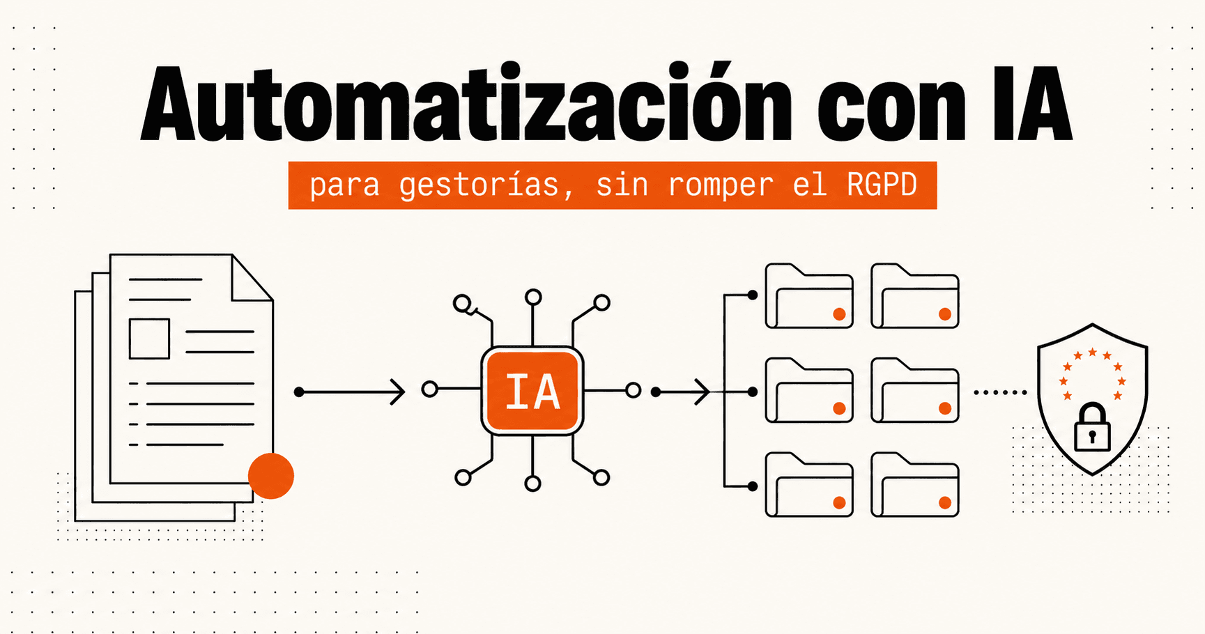 Documentos procesados por IA y organizados en carpetas con un símbolo de protección de datos RGPD