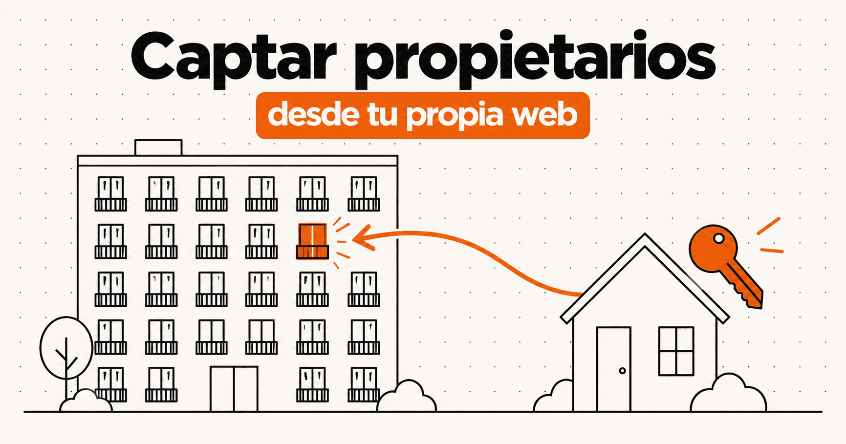 Fachada de portal inmobiliario con muchas ventanas frente a una vivienda con llave que representa el contacto directo con el propietario